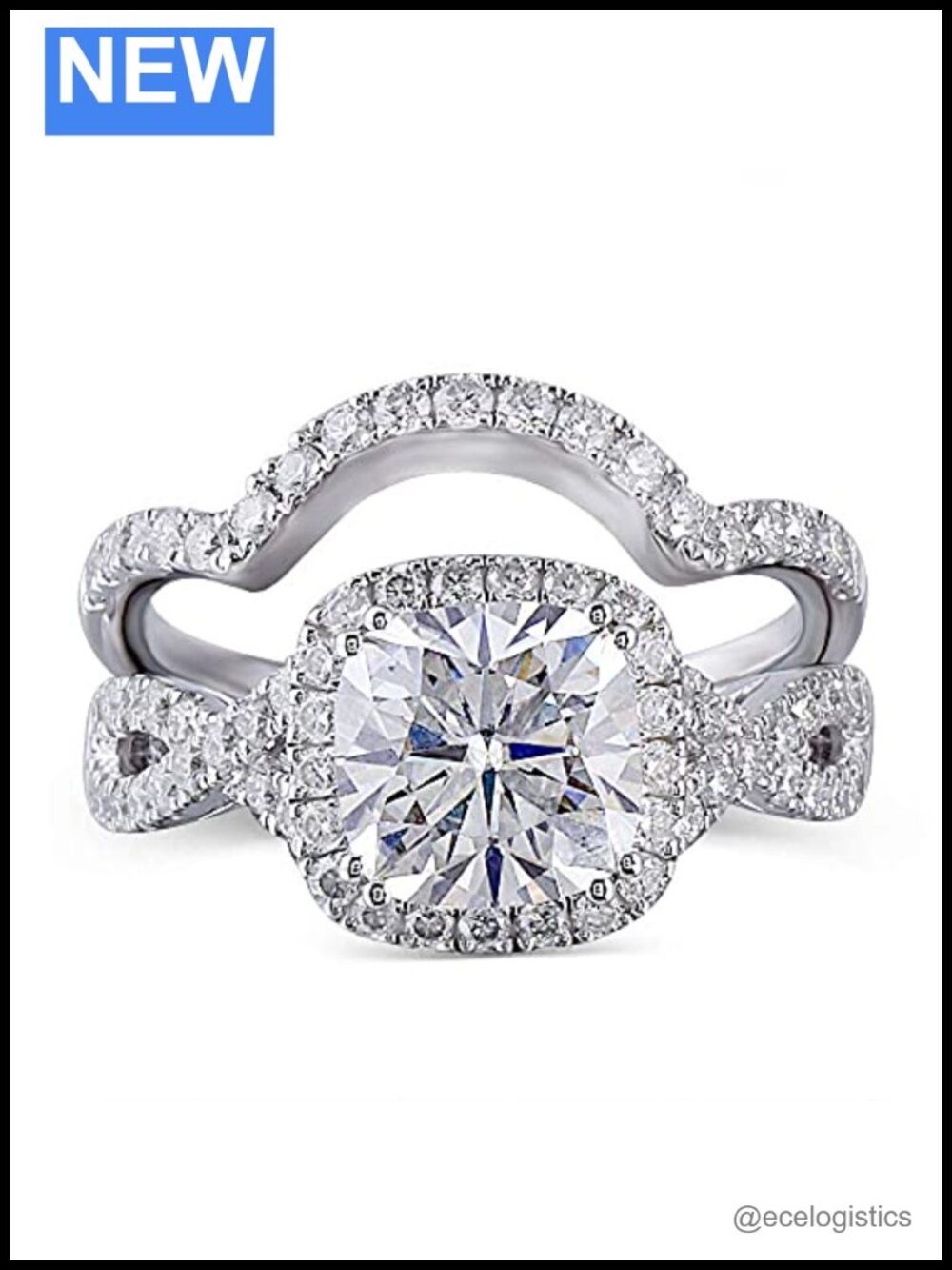 2ct Cushion Cut Moissanite Wedding Ring Set 2pc S925 Sterling Silver 18K White